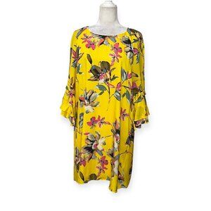 Gianni Bini XL Yellow Floral Dress Women’s Rayon Ruffle Sleeve Shift Lined Boho